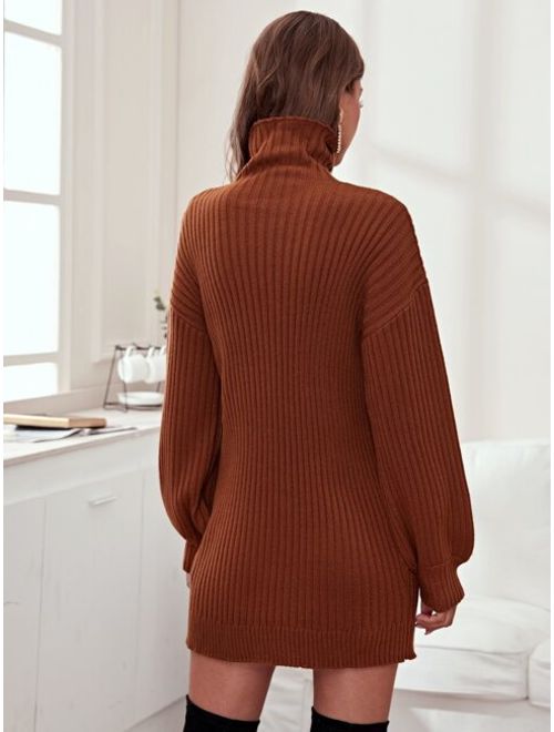 Shein Drop Shoulder Turtleneck Rib-knit Sweater Dress Without Belt
