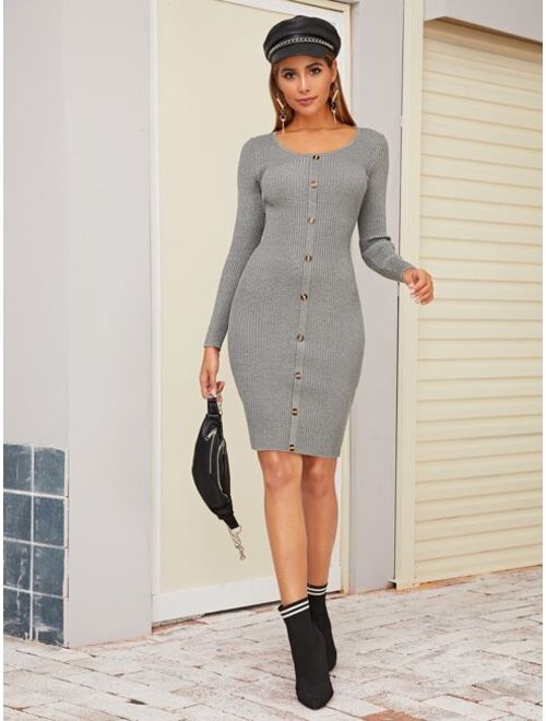 Shein Button Front Ribbed Detail Bodycon Sweater Dress