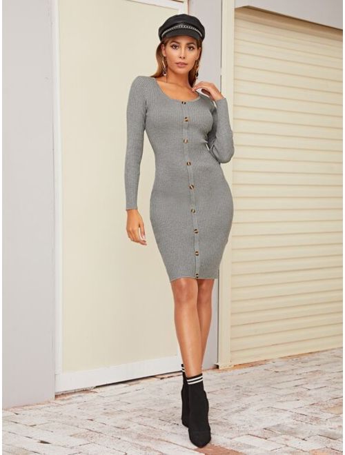 Shein Button Front Ribbed Detail Bodycon Sweater Dress
