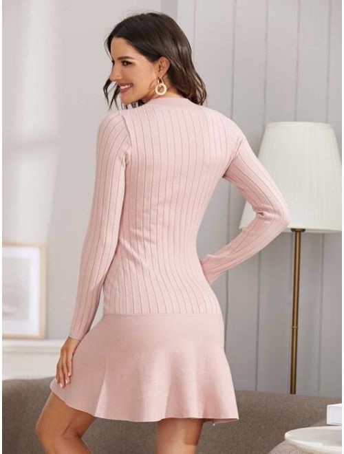 Shein Ruffle Hem Rib-knit Bodycon Sweater Dress