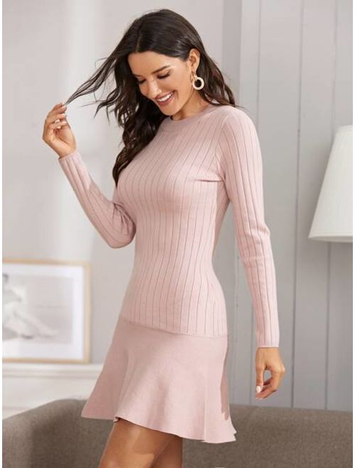 Shein Ruffle Hem Rib-knit Bodycon Sweater Dress