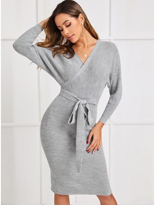Shein Split Hem Cut-out Wrap Belted Sweater Dress