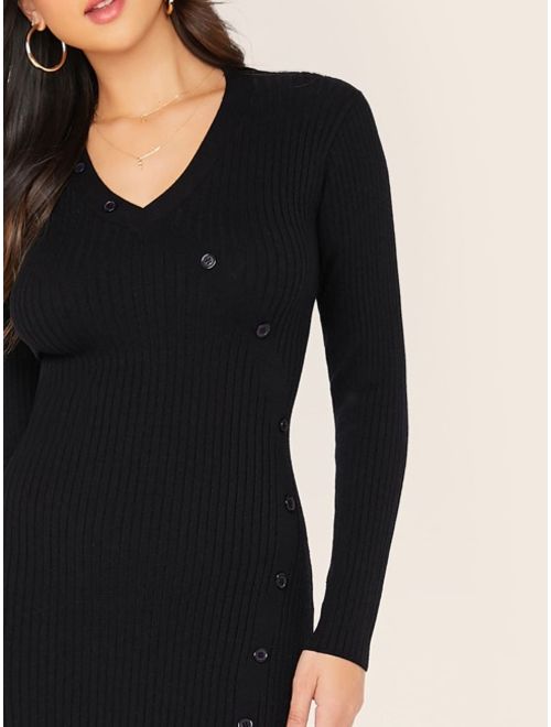 Shein Split Hem Button Detail Sweater Dress