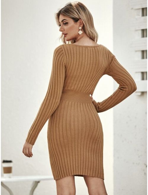 Shein Solid Rib-Knit Slim Sweater Dress