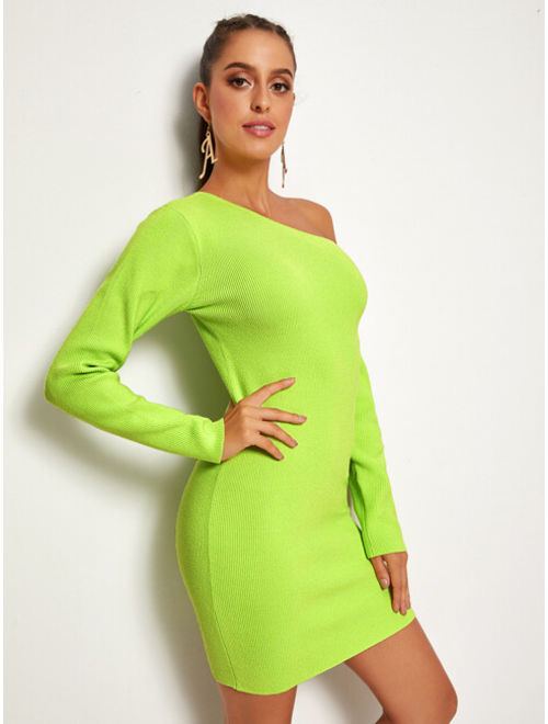 Shein Neon Lime One Shoulder Sweater Dress