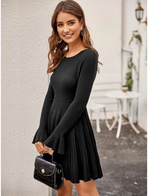 Shein Rib-knit Flounce Sleeve Flared Sweater Dress