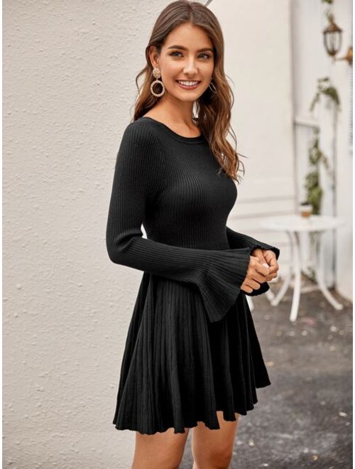 Shein Rib-knit Flounce Sleeve Flared Sweater Dress