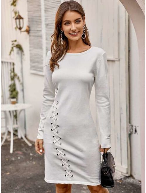 Shein Grommet Eyelet Lace Up Sweater Dress