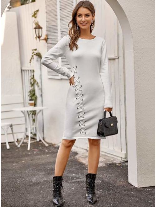 Shein Grommet Eyelet Lace Up Sweater Dress
