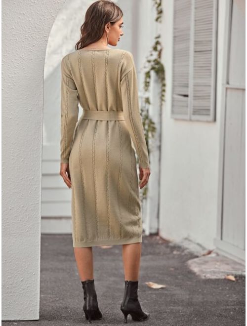 Shein V-neck Self Belted Cable Knit Sweater Dress