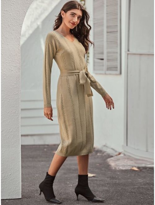 Shein V-neck Self Belted Cable Knit Sweater Dress