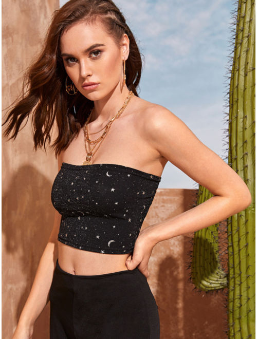 Star And Moon Print Lace Up Back Top