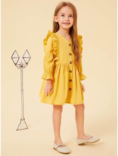 Shein Toddler Girls Button Front Frill Trim Shirt Dress