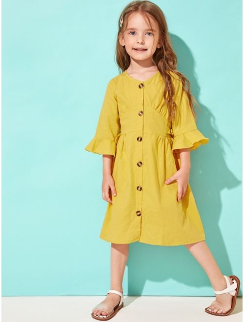 Shein Toddler Girls Flounce Sleeve Button Through Knot Side Shirt Dress