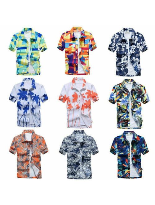 Men Holiday Short Sleeve T-shirt Hawaiian Beach Summer Floral Button Down Shirts