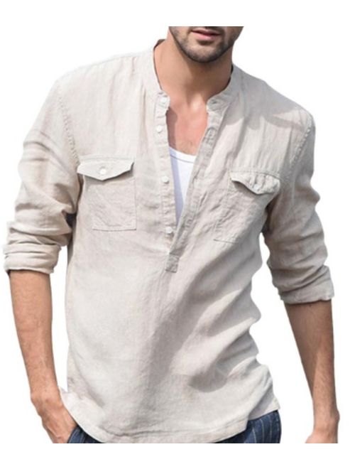 Men's Casual Long Sleeve Button Down Solid Cotton Linen Shirts Slim-Fit T Shirts
