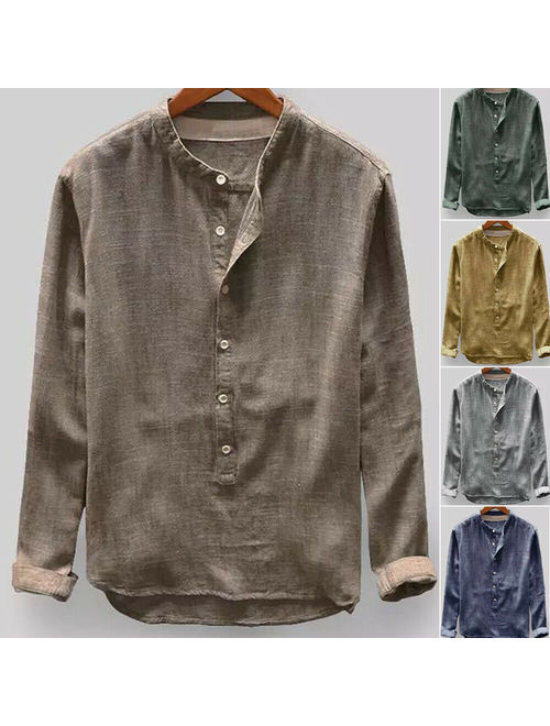 Autumn Casual Mens Linen Long Sleeve Shirt Button Up Loose Shirts Tops