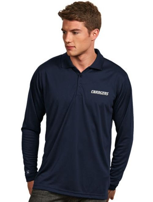 Men's Antigua Navy Los Angeles Chargers Exceed Desert Dry X-tra Lite Long Sleeve Polo