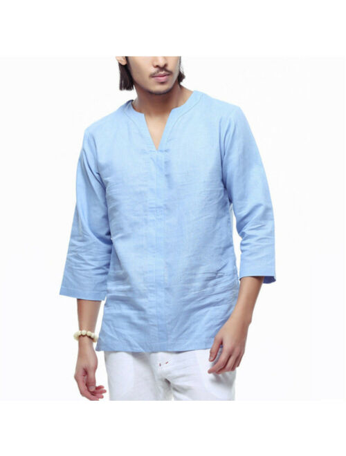 Summer Men's Cotton Linen Button Tops Tee Long Sleeve V Neck Casual Loose Shirts