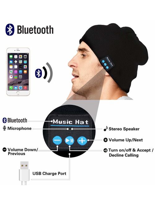 Upgraded Unisex Knit Bluetooth Beanie Hat Headphones V4.2 Unique Christmas Tech Gifts for Men/Dad/Women/Mom/Teen Boys/Girls Stocking Stuffer w/Built-in Stereo Speakers (B