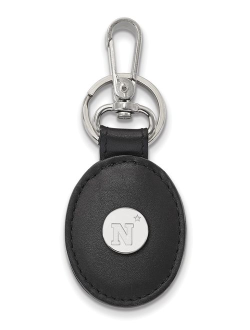Navy Black Leather Oval Key Chain (Sterling Silver)