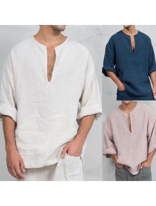 Long Sleeve Linen Shirt for Men Loose Summer Casual V-Neck Shirts Tops