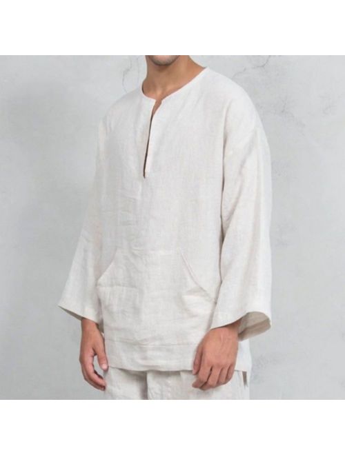 Long Sleeve Linen Shirt for Men Loose Summer Casual V-Neck Shirts Tops