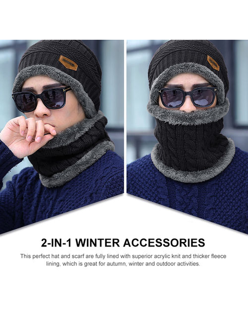 Mens Womens Knitted hat-Fitbest Mens Womens Warm Knitted Hat and Circle Scarf with Fleece Lining 2 Pieces/Set Winter Autumn Warm Hat Scarf