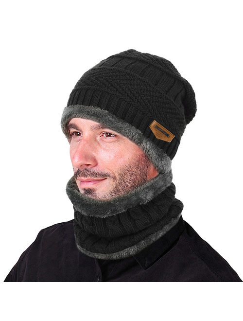 Mens Womens Knitted hat-Fitbest Mens Womens Warm Knitted Hat and Circle Scarf with Fleece Lining 2 Pieces/Set Winter Autumn Warm Hat Scarf