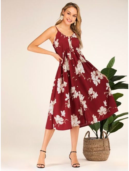 Shein Floral Print Button Front Cami Dress