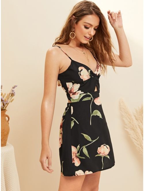 Shein Floral Print Twist Front Tie Back Cami Dress