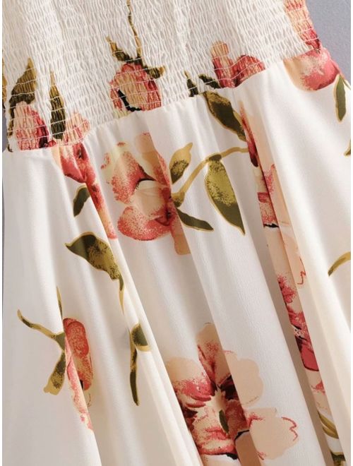 Shein Floral Print Shirred Asymmetric Hem Cami Dress
