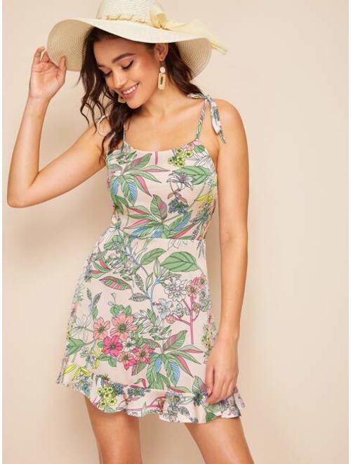Shein Floral Print Shirred Ruffle Hem Cami Dress