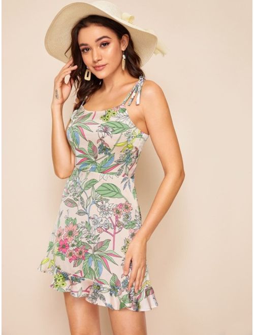 Shein Floral Print Shirred Ruffle Hem Cami Dress