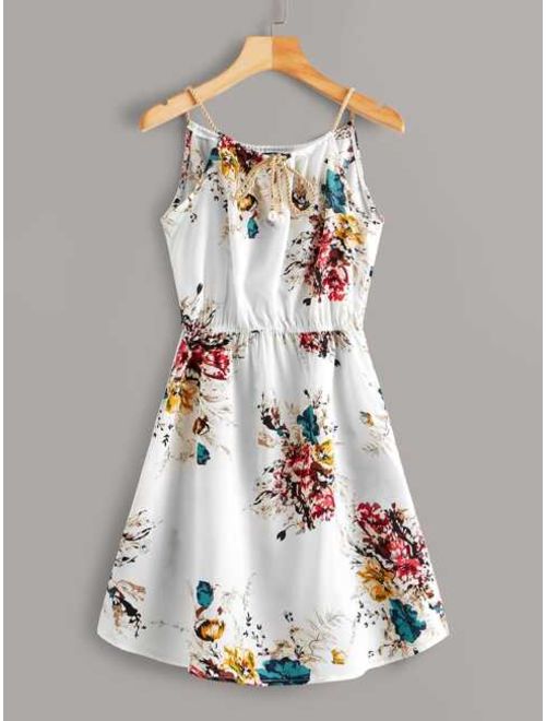 Shein Pearls Tie Neck Botanical Print Cami Dress