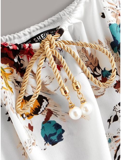 Shein Pearls Tie Neck Botanical Print Cami Dress
