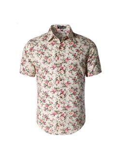 Men's Short Sleeve Button Front Floral Print Cotton Hawaiian Shirt