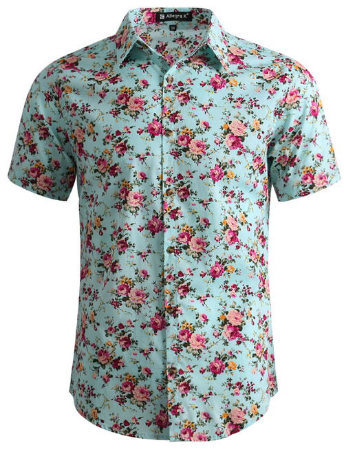 Men's Short Sleeve Button Front Floral Print Cotton Hawaiian Shirt