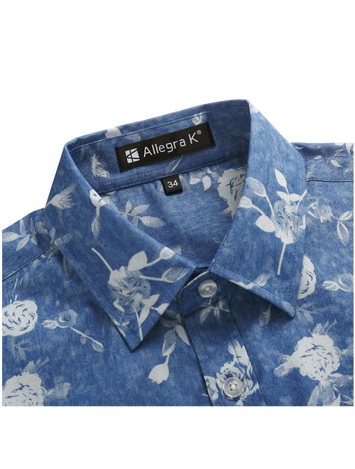 Men's Short Sleeves Button Down Business Casual Printed Cotton Shirt M US 38 Denim Blue Floral Print