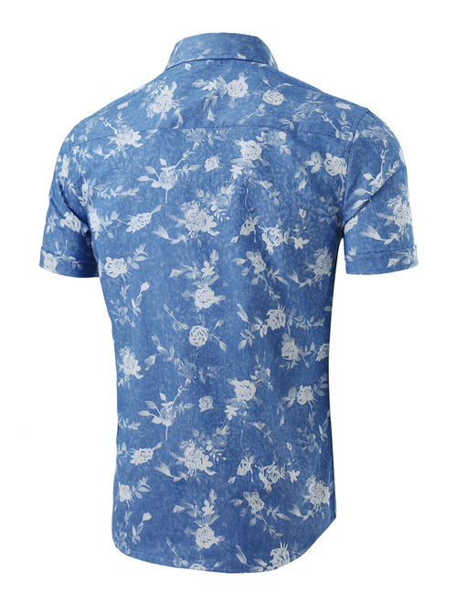 Men's Short Sleeves Button Down Business Casual Printed Cotton Shirt M US 38 Denim Blue Floral Print