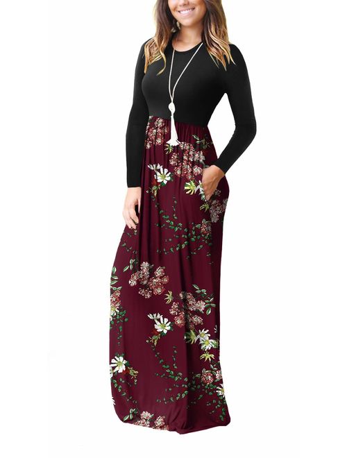 VIISHOW Women's Long Sleeve Empire Waist Maxi Dresses Long Dresses with Pockets