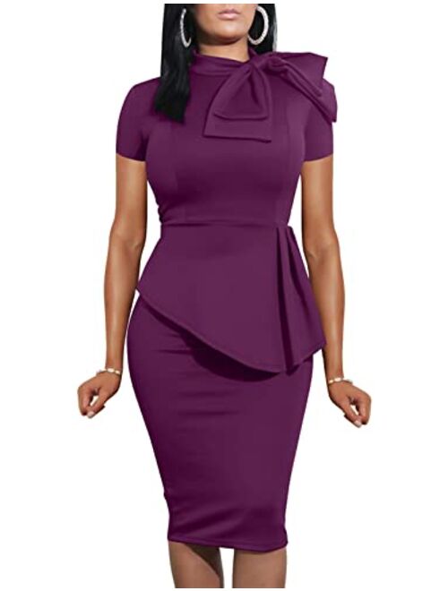Buy LAGSHIAN Women Fashion Peplum Bodycon Short Sleeve Bow Club Ruffle  Pencil Office Party Dress online | Topofstyle