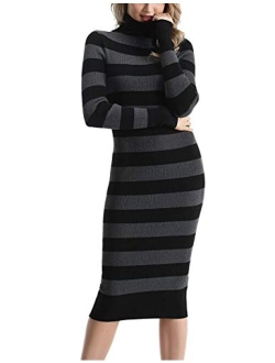 Rocorose Women's Turtleneck Ribbed Elbow Long Sleeve Knit Sweater Dress