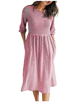 Women's 3/4 Balloon Sleeve Striped High Waist T Shirt Midi Dress with Pockets