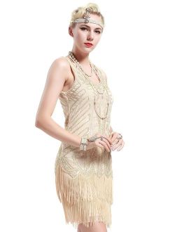 BABEYOND Women's Flapper Dresses 1920s V Neck Beaded Fringed Great Gatsby Dress