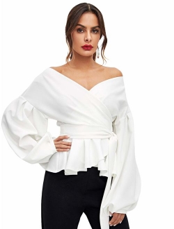 Women's Long Sleeve V Neck Ruffle Blouse Off Shoulder Tie Waist Wrap Tops