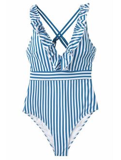 Women's Blue White Stripe Ruffled One Piece Swimsuit