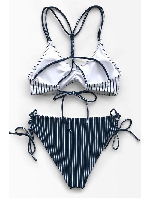 CUPSHE Women's Stripe Back Braided Straps Reversible Tank Top Strappy Lace Up Bikini Sets