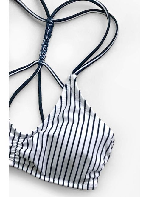 CUPSHE Women's Stripe Back Braided Straps Reversible Tank Top Strappy Lace Up Bikini Sets