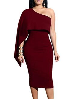 GOBLES Women's Summer Sexy One Shoulder Ruffle Bodycon Midi Cocktail Dress